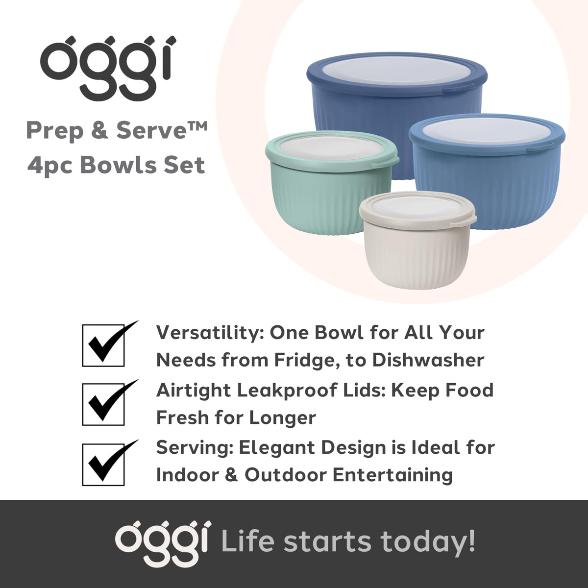 Oggi multicolor set with airtight lids for clutter-free storage.