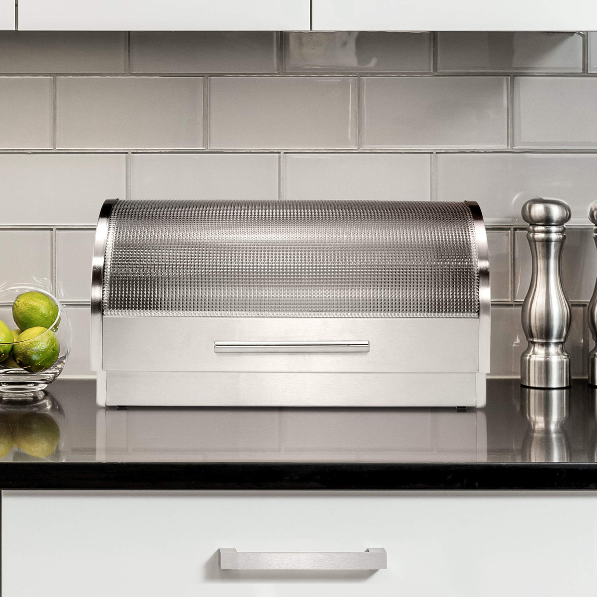 Oggi contemporary stainless bread box complements modern kitchens with a sleek look.