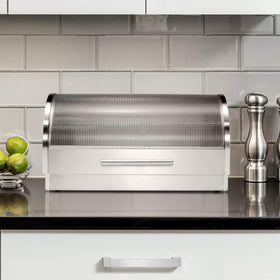 Oggi contemporary stainless bread box complements modern kitchens with a sleek look.