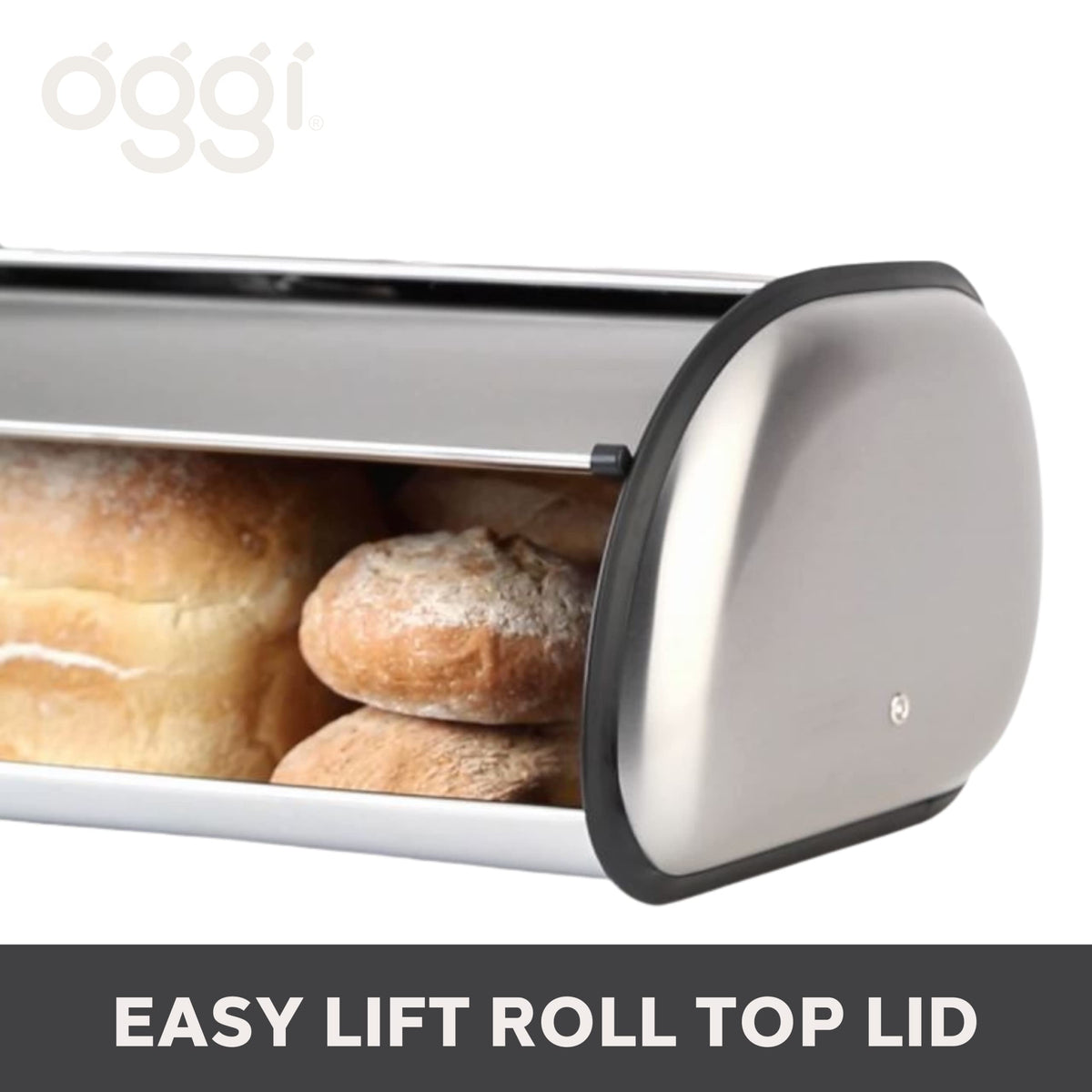 Oggi bread box filled with loaves and pastries on a clean countertop.