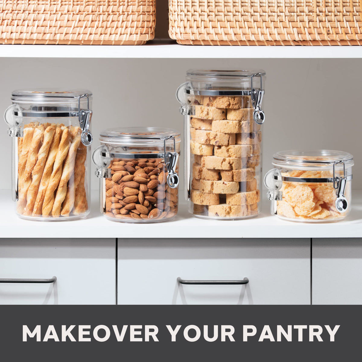 Oggi clear canisters offer a transparent view of stored staples.