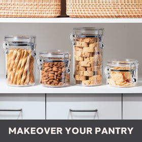 Oggi clear canisters offer a transparent view of stored staples.