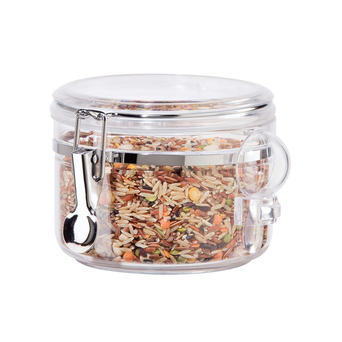 OGGI clear canister 28oz with clamp lid and scoop for easy access to dry goods.