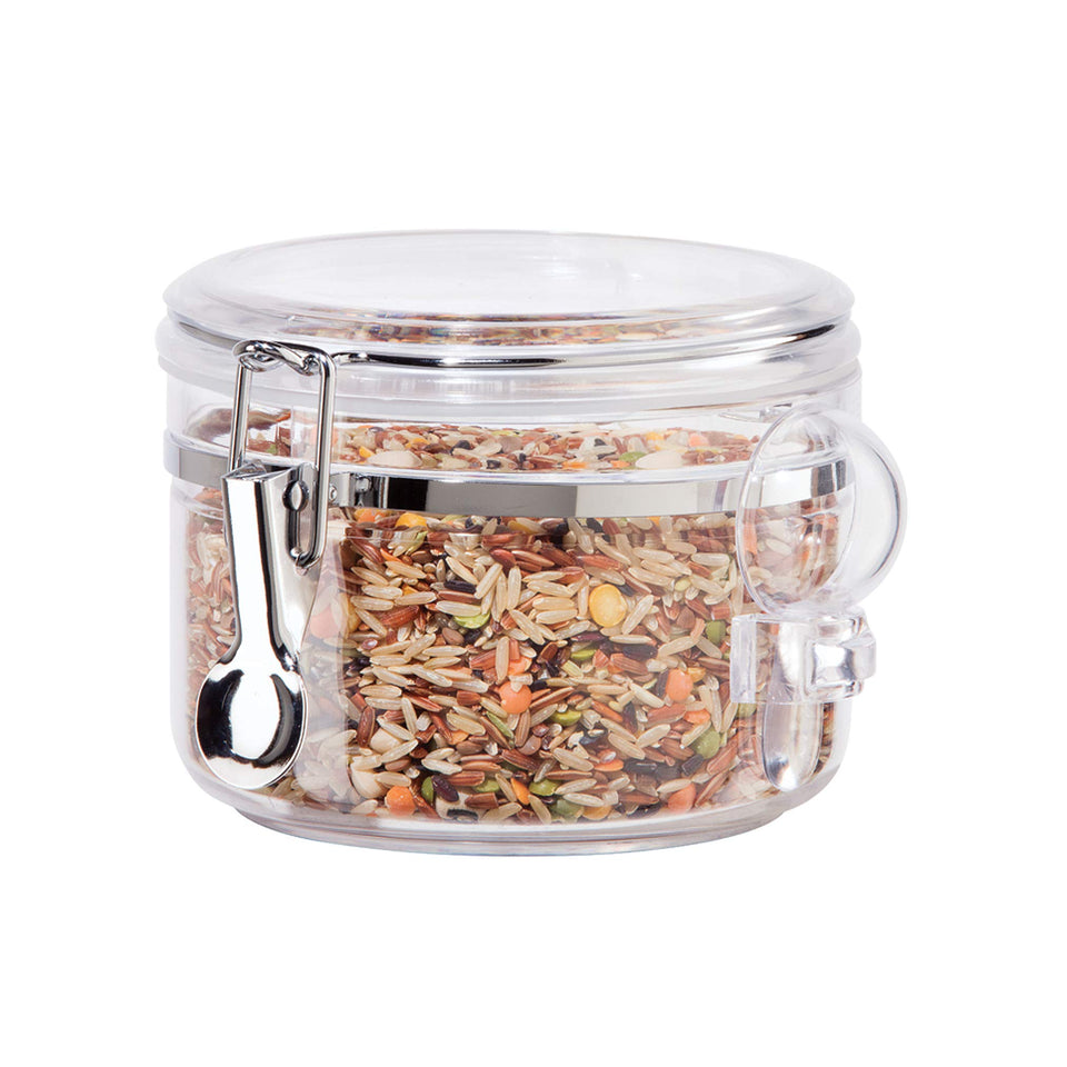 OGGI clear canister 28oz with clamp lid and scoop for easy access to dry goods.