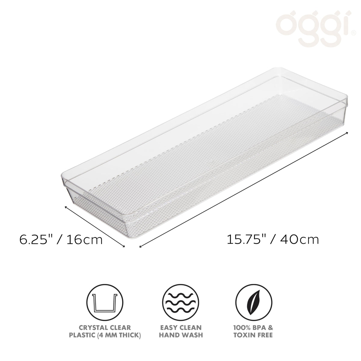 Oggi clear drawer organizer with multiple compartments for utensils and cosmetics.