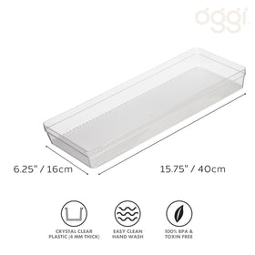 Oggi clear drawer organizer with multiple compartments for utensils and cosmetics.