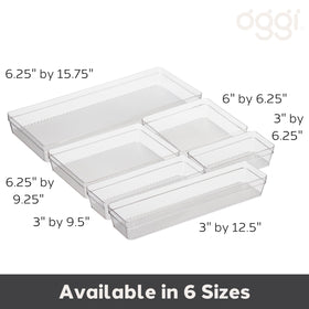 Oggi clear drawer organizer on desk helps declutter office supplies.