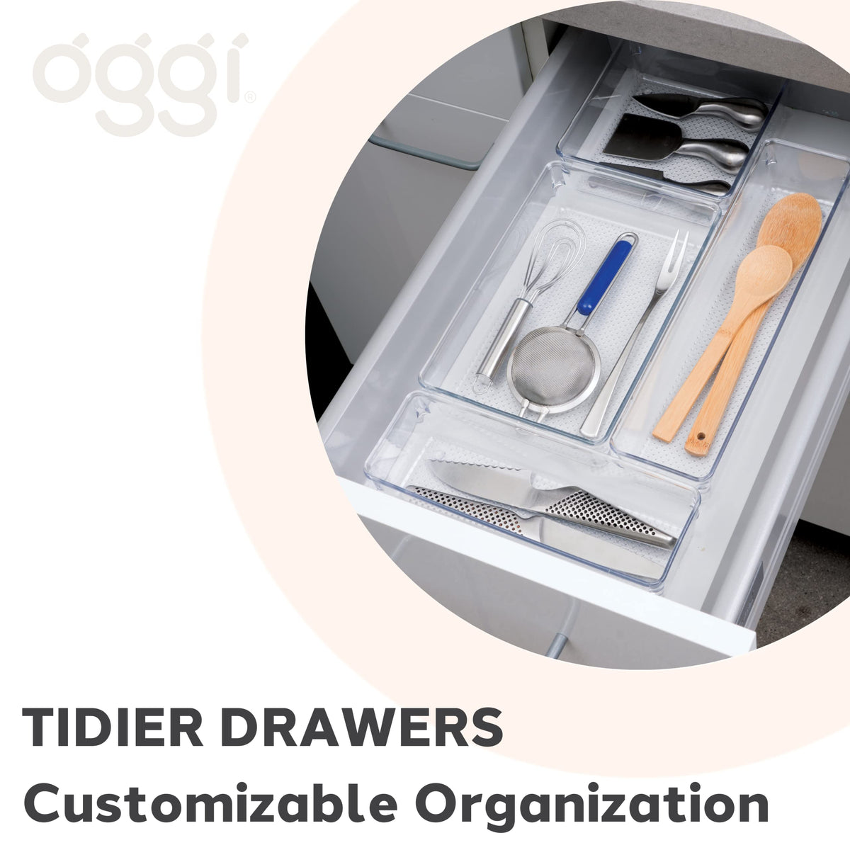 Oggi clear drawer organizer for vanity or cabinet storage.