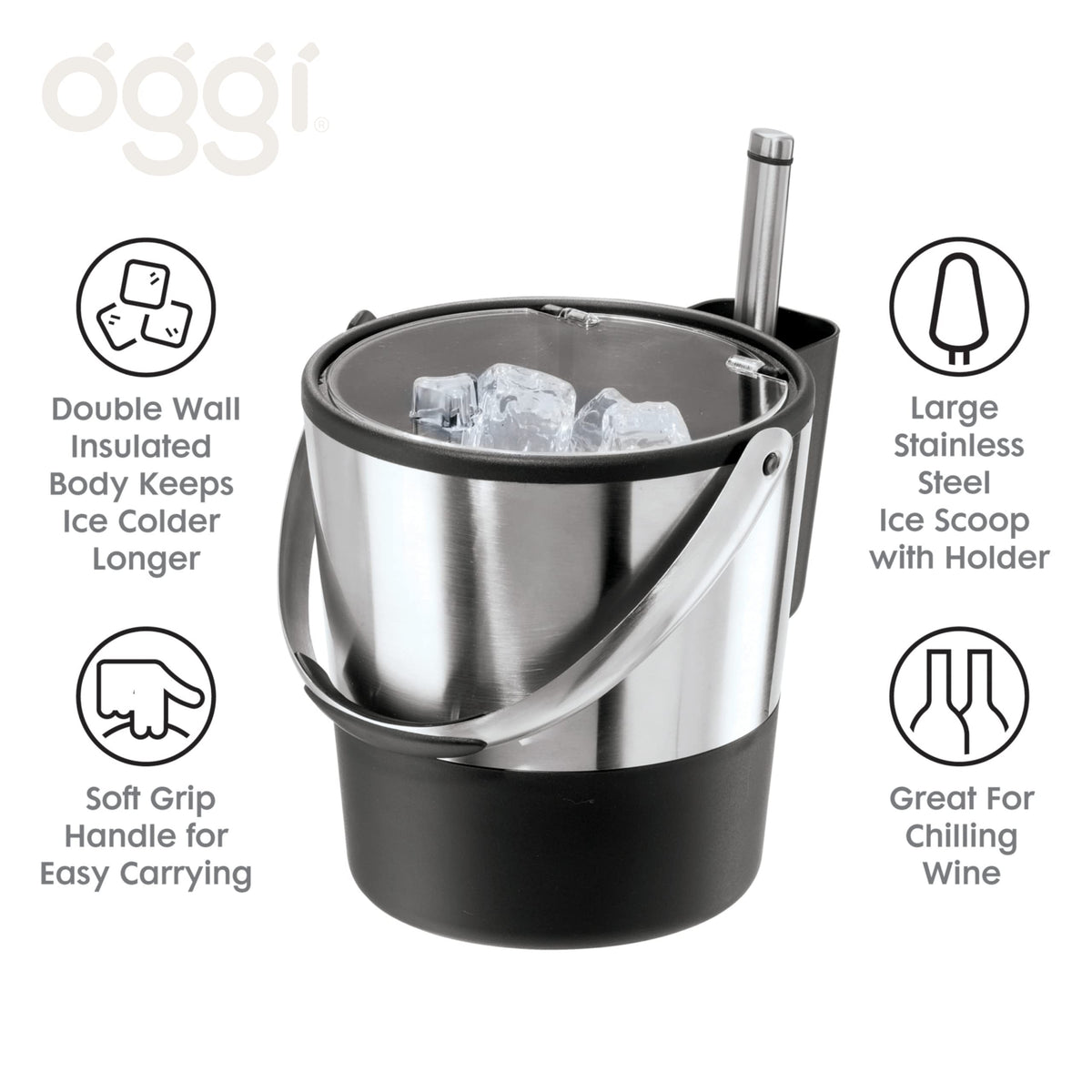Oggi insulated ice bucket with swivel carry handle.