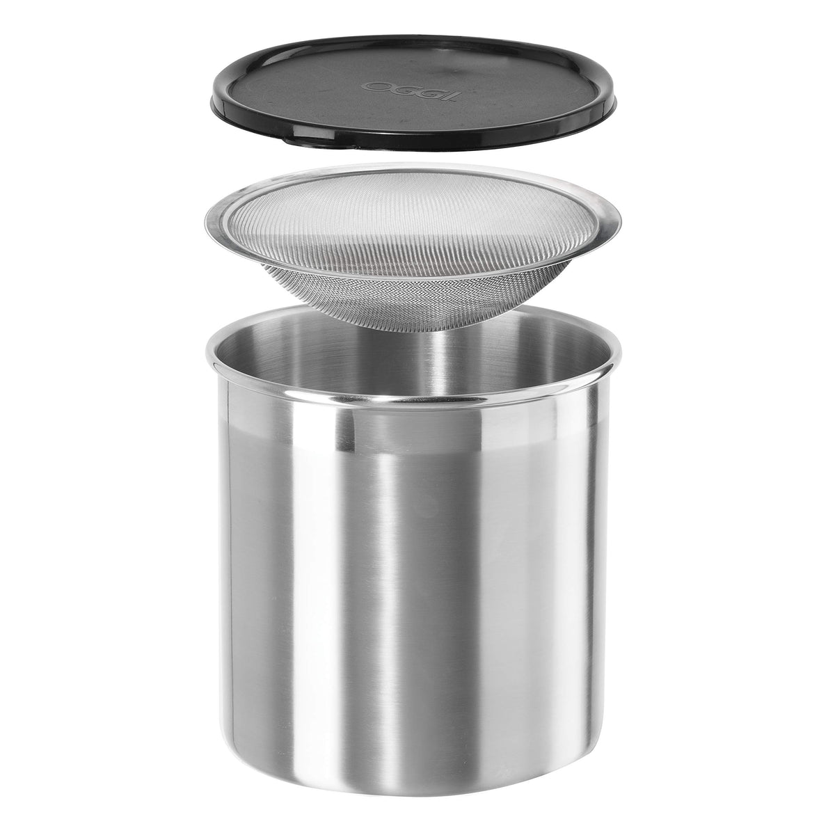 Oggi jumbo grease container with removable strainer for clean frying oil reuse.