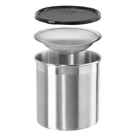 Oggi jumbo grease container with removable strainer for clean frying oil reuse.