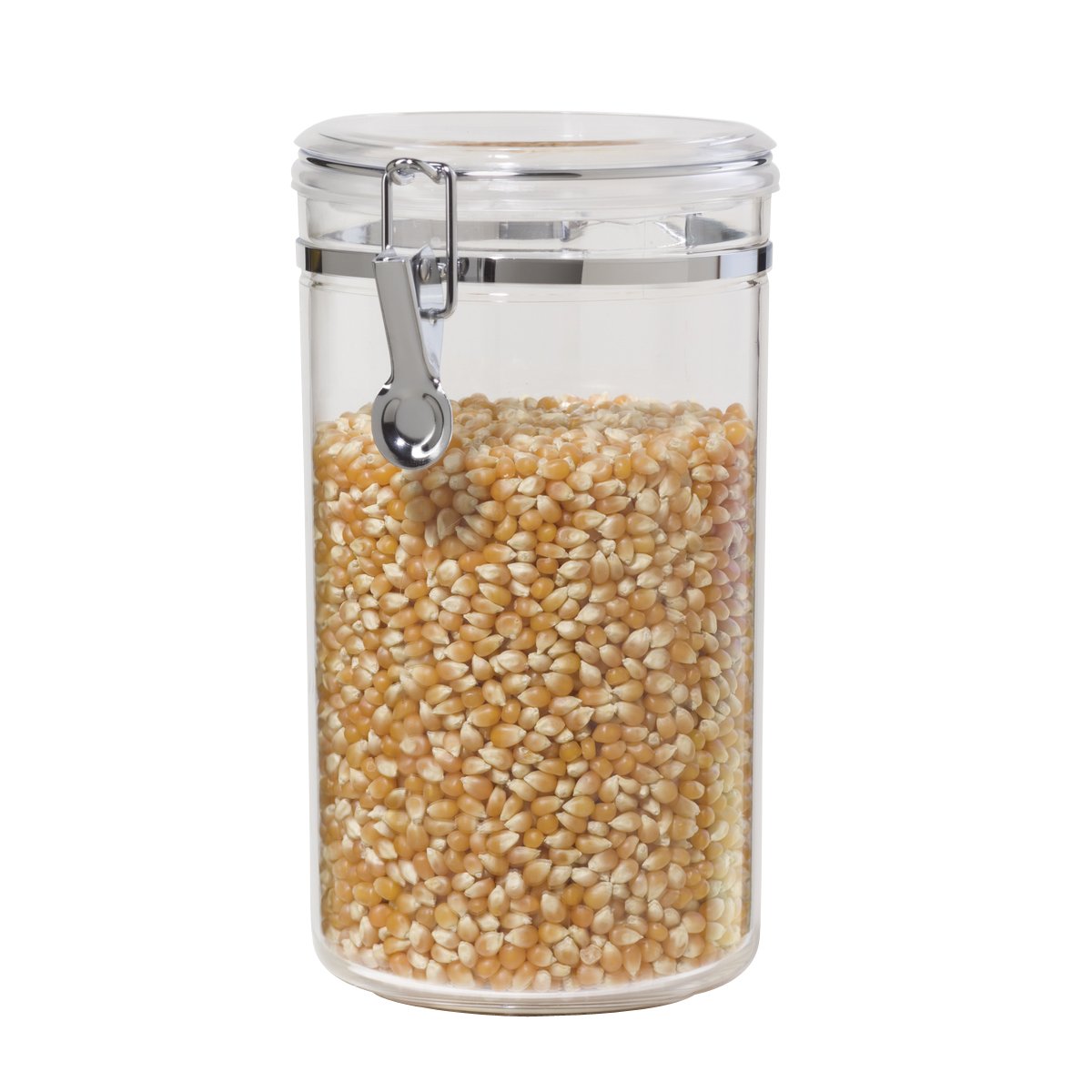 Oggi large clear canister with clamp lid keeps bulk ingredients fresh on the counter.