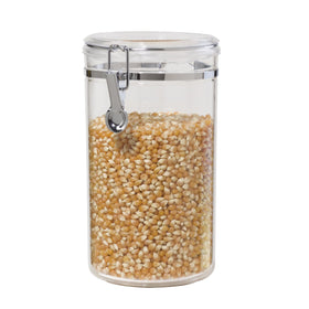 Oggi large clear canister with clamp lid keeps bulk ingredients fresh on the counter.