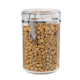 Oggi medium clear canister with clamp lid showing 61 oz capacity for dry pantry staples.