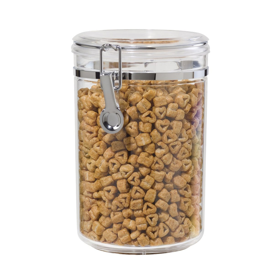 Oggi medium clear canister with clamp lid showing 61 oz capacity for dry pantry staples.
