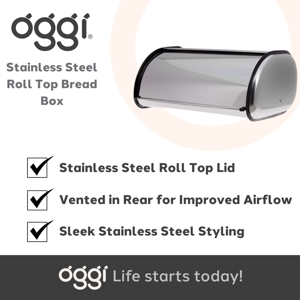 Modern, stainless steel kitchen accessory: Oggi bread box complements stainless appliances.