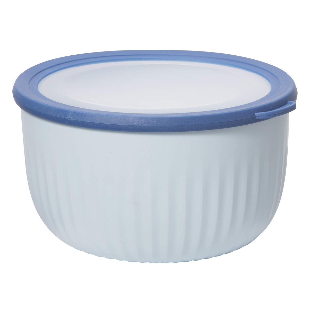 Oggi prep-store-serve bowl with blue lid offering 4 qt capacity for versatile kitchen tasks.