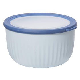 Oggi prep-store-serve bowl with blue lid offering 4 qt capacity for versatile kitchen tasks.