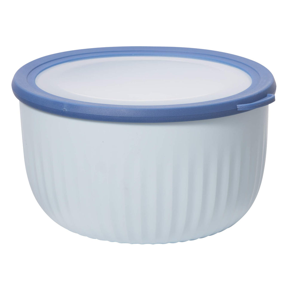 Oggi prep-store-serve bowl with blue lid offering 4 qt capacity for versatile kitchen tasks.