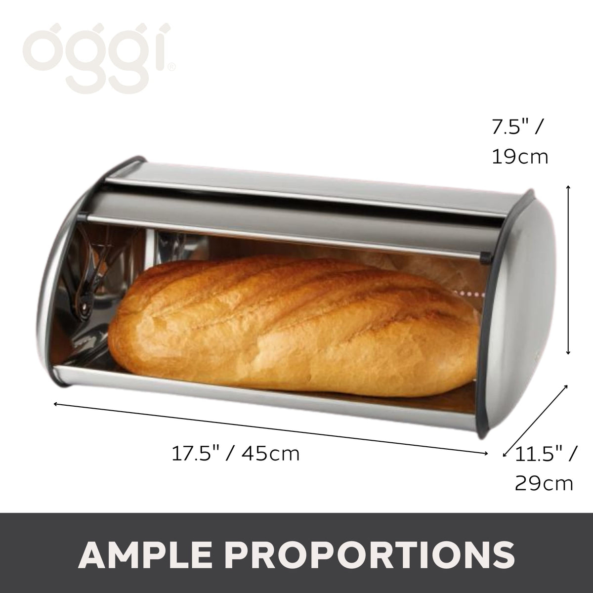 Oggi bread box with a sleek stainless finish demonstrated in a contemporary kitchen.