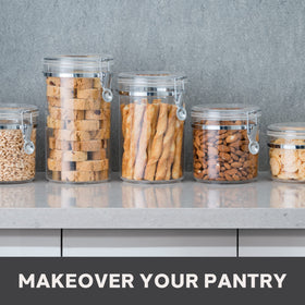 Oggi round pantry storage canister on shelf for easy visibility and organization.
