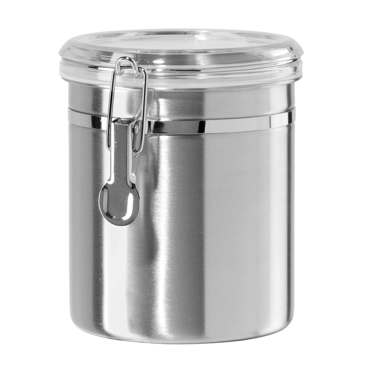 OGGI 47oz stainless steel canister with airtight clamp lid keeps pantry items fresh.