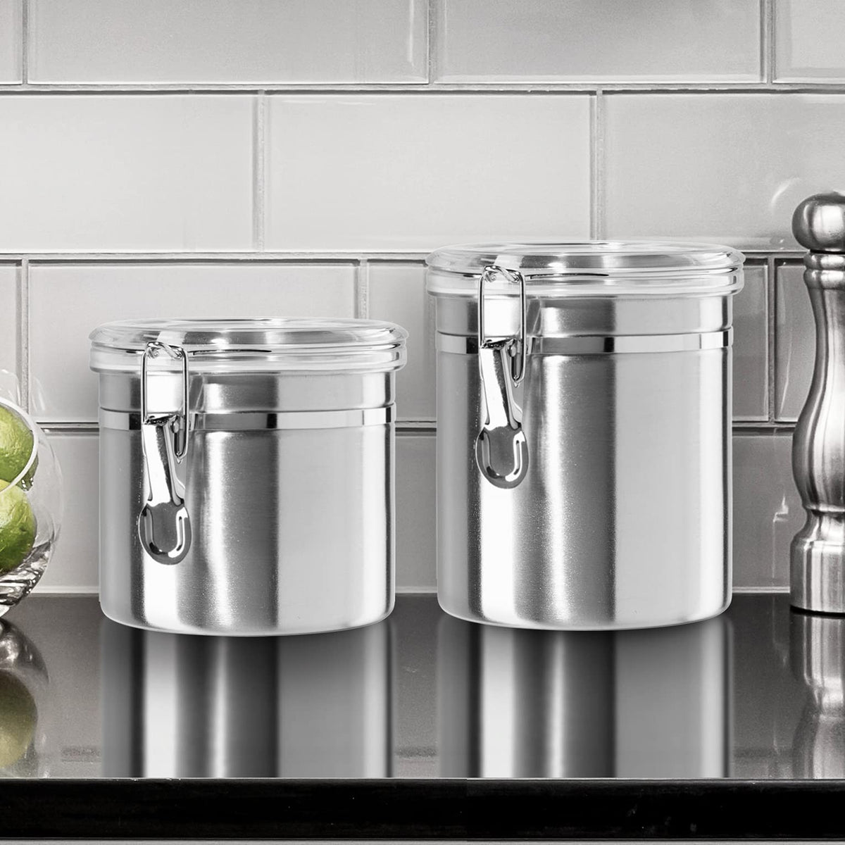 Oggi stainless steel canister with see-through top for quick content identification.