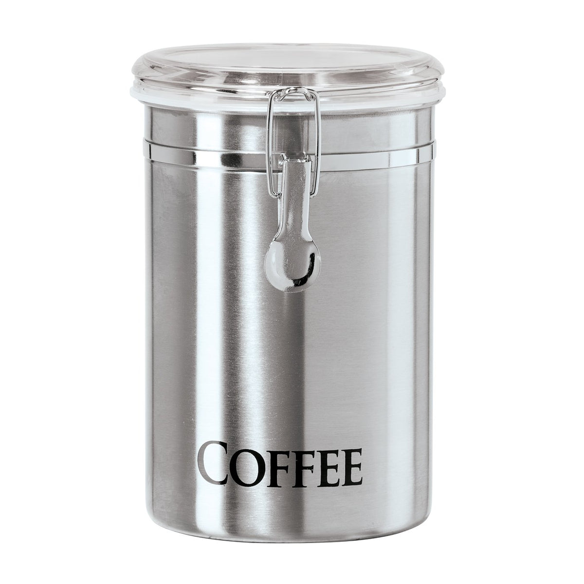 Oggi stainless steel canister front view on counter keeps beans fresh.
