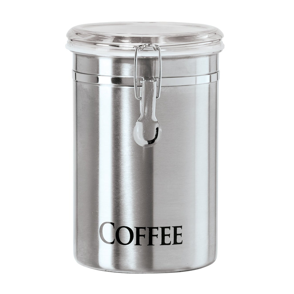 Oggi stainless steel canister front view on counter keeps beans fresh.