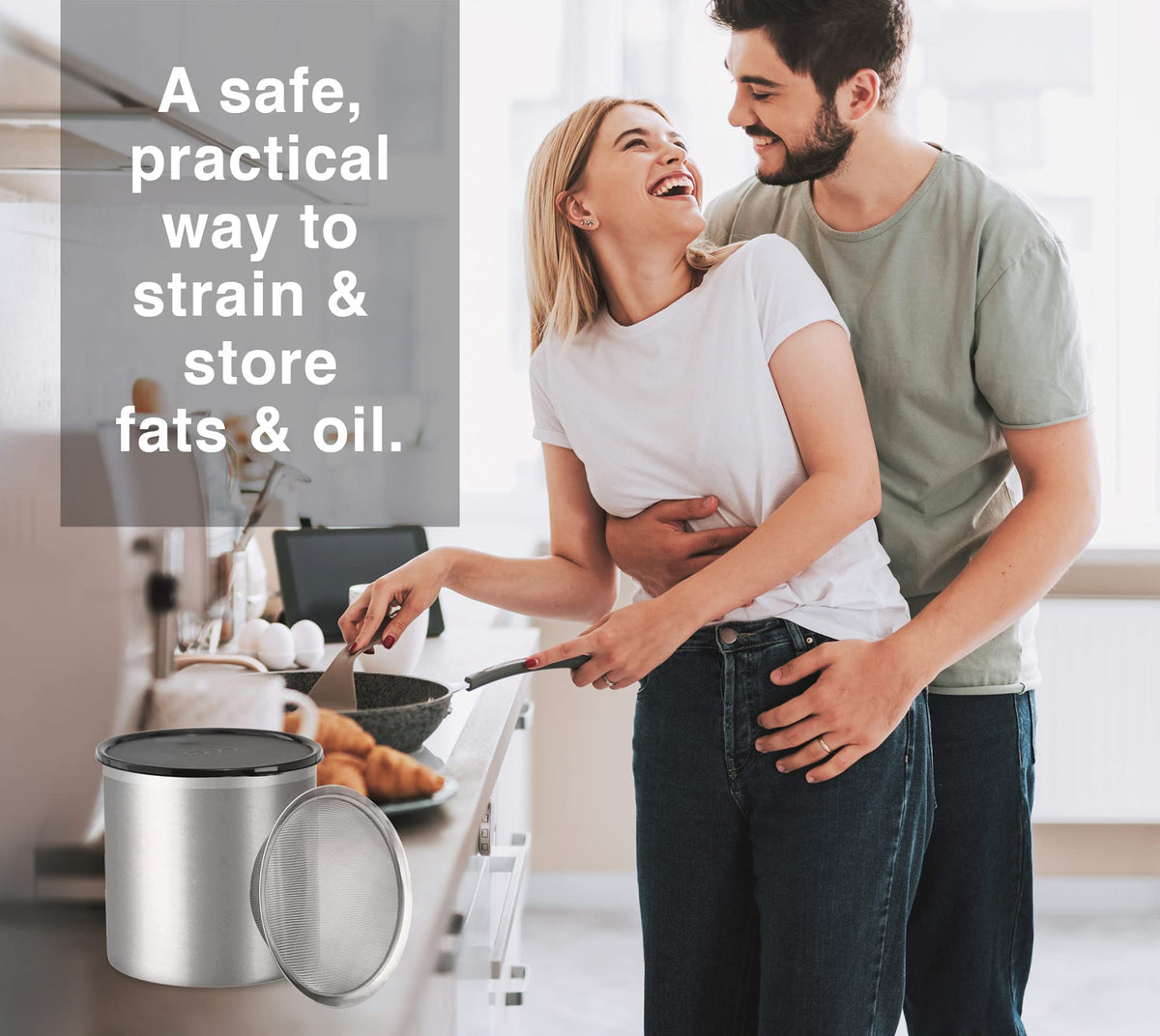 Oggi stainless steel grease container with snug lid for odor control.