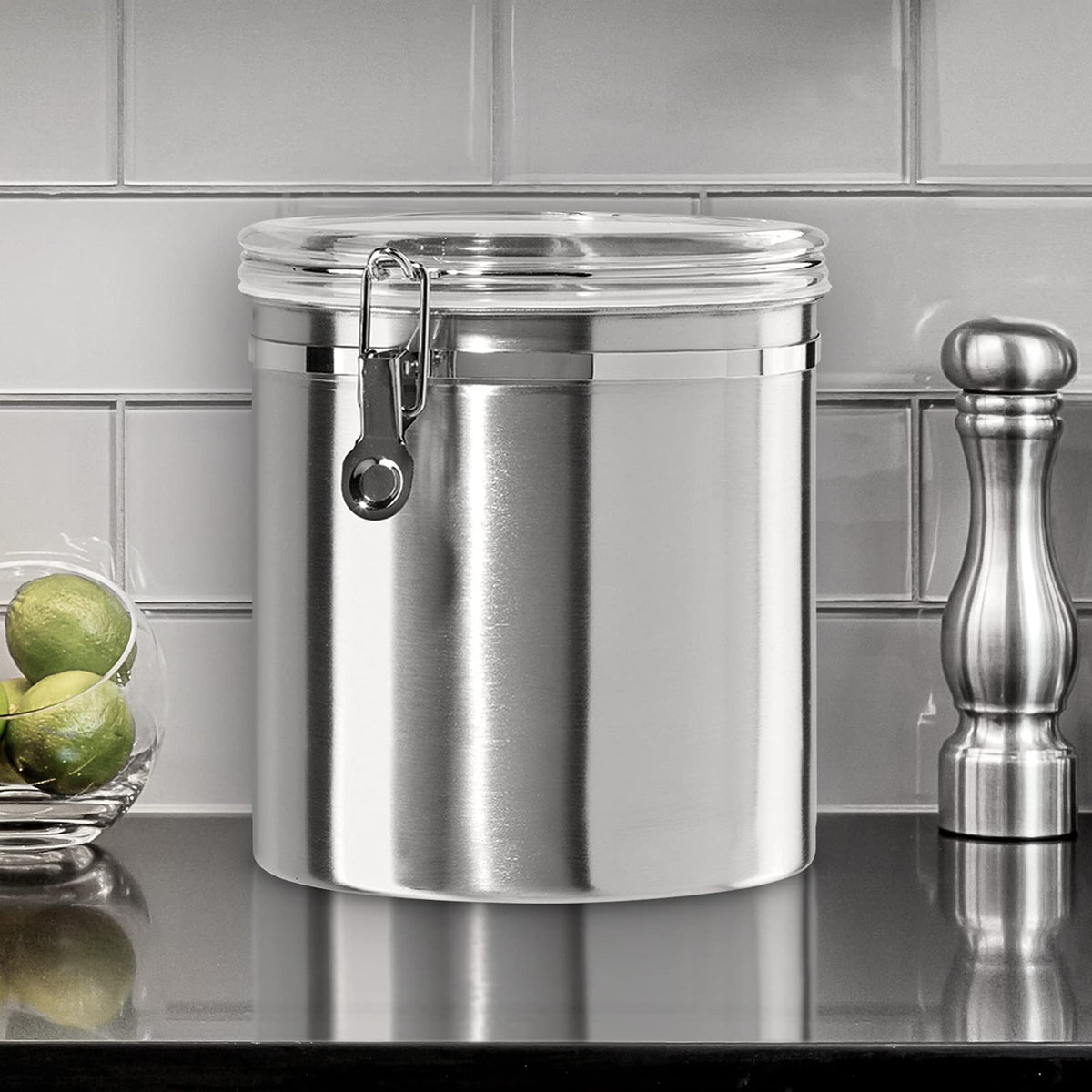Oggi 152oz canister close-up shows airtight clamp lid preserving dryness.