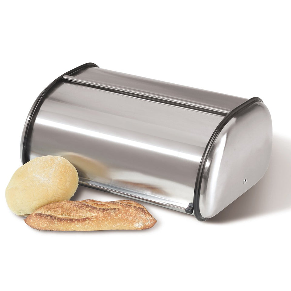 Oggi stainless steel roll-top bread box front view showing modern kitchen style and spacious interior.