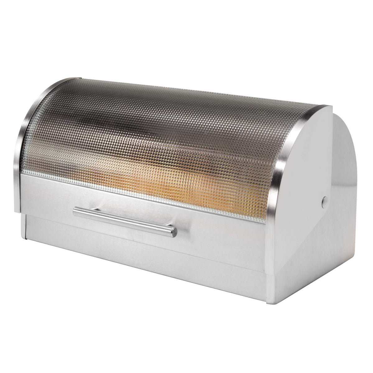Oggi stainless steel roll-top bread box with tempered glass lid keeps bread fresh.