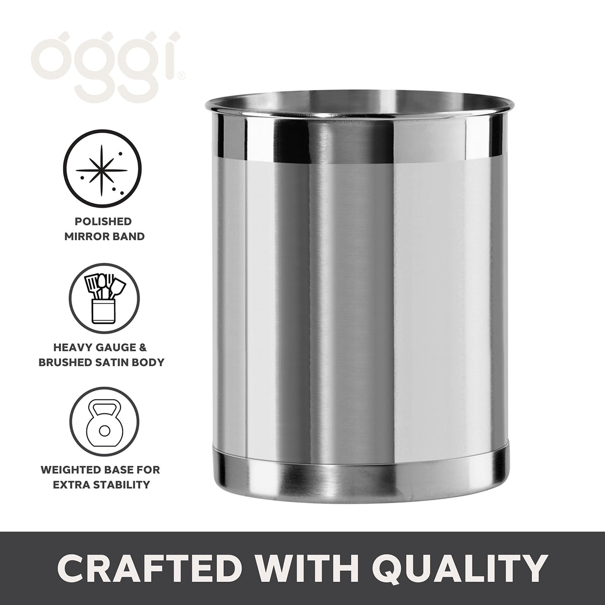 Oggi stainless steel utensil holder features a brushed finish with mirror-band accents.