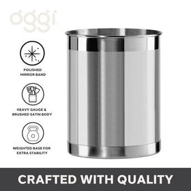 Oggi stainless steel utensil holder features a brushed finish with mirror-band accents.