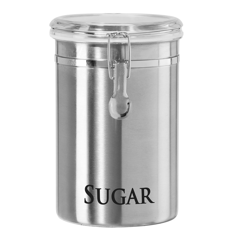 Oggi 62 oz sugar canister with airtight clamp lid keeps sugar fresh and accessible.