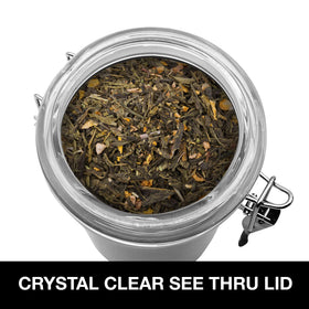 Brushed stainless steel finish on the Oggi tea canister.