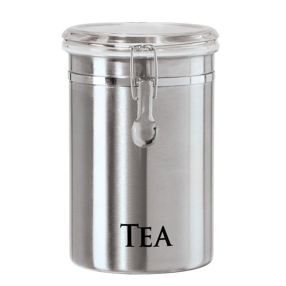 Oggi tea canister front view with 62oz capacity and airtight design.