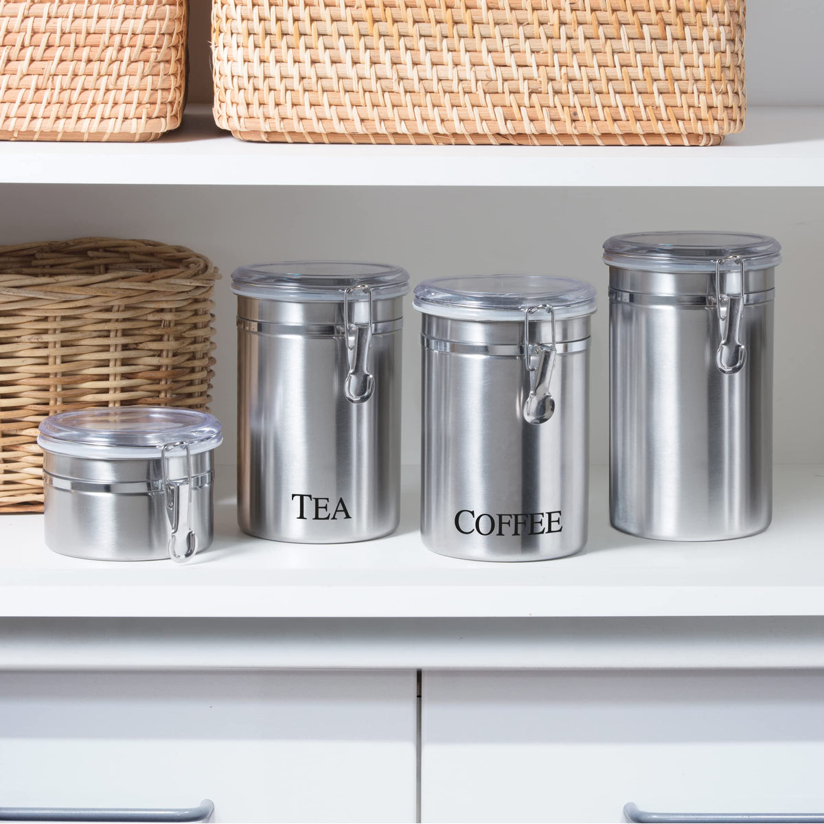 Oggi canister on a counter with kitchen items for a coordinated look.