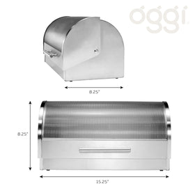 Oggi bread keeper with tempered glass lid offers easy viewing and access.