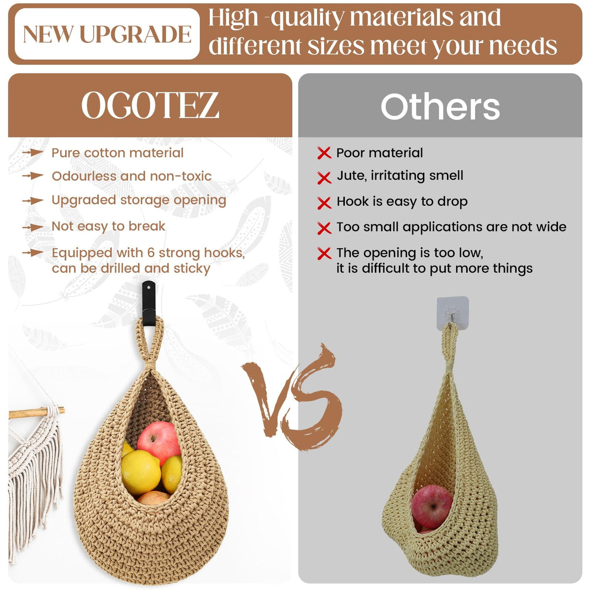 OGOTEZ three-pack cotton baskets offer durable, breathable kitchen storage