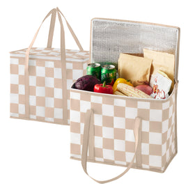 Ohocut beige checkered insulated grocery bags 2-pack for eco-friendly shopping transport.
