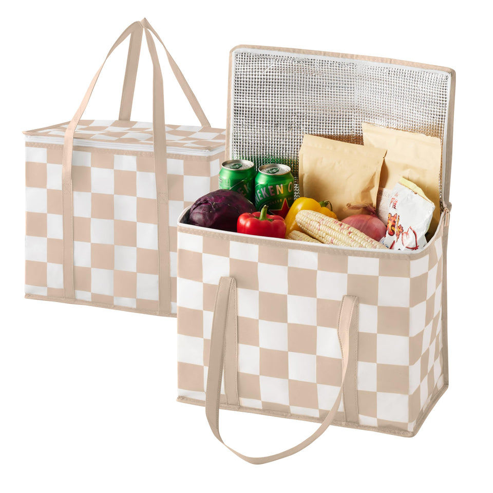 Ohocut beige checkered insulated grocery bags 2-pack for eco-friendly shopping transport.