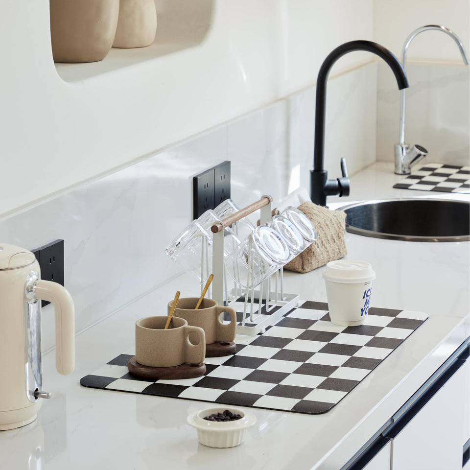 Ohocut checkered dish drying mat in black design for counter-top use.