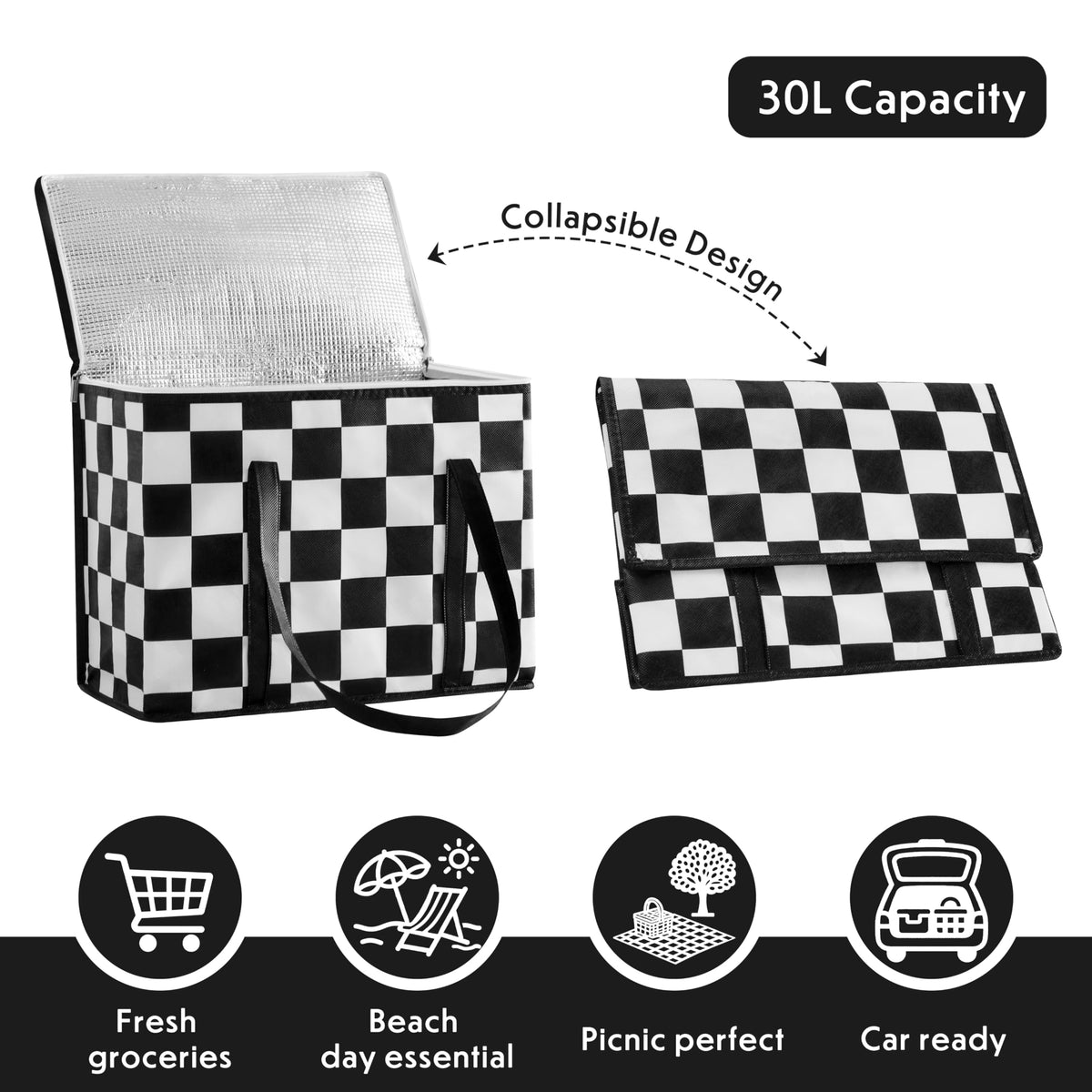 Ohocut Checkered insulated bag in black and white, ideal for delivery.