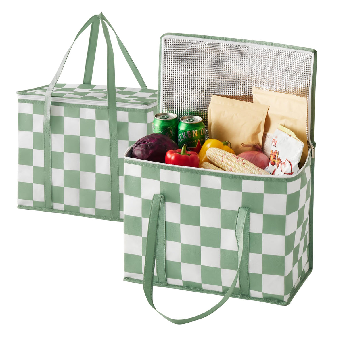 Ohocut Sage Green Checkered insulated grocery bag 2 pack front view for daily use and storage