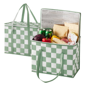 Ohocut Sage Green Checkered insulated grocery bag 2 pack front view for daily use and storage