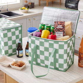 Ohocut Sage Green Checkered insulated grocery bag 2 pack side view for capacity and portability