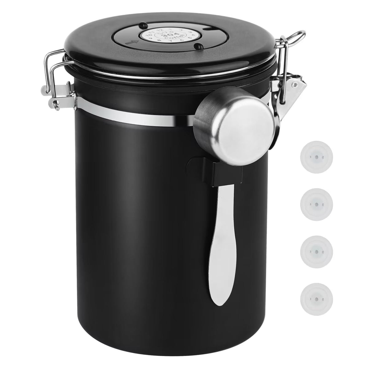 Ohtomber coffee canister stainless steel lid close-up showing airtight seal