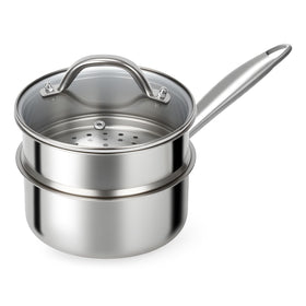 Ohtomber tri-ply 1.5-quart pan with lid on for easy heat monitoring.